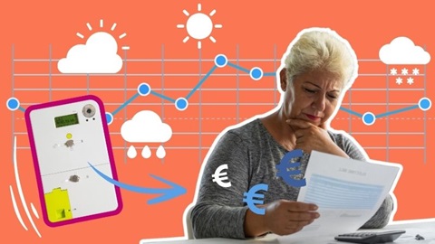 man bekijkt energiefactuur met digitale meter op de achtergrond